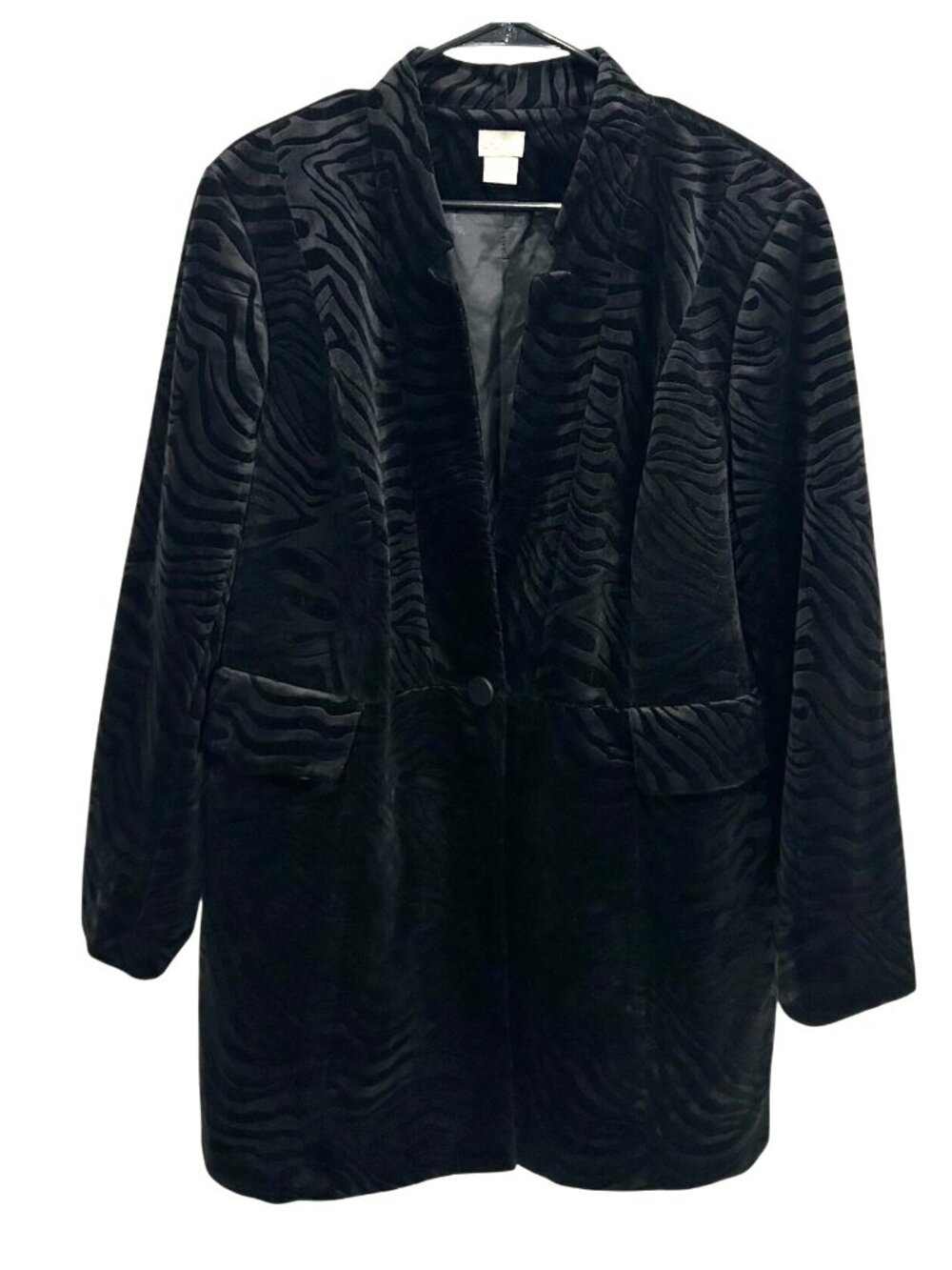 Chicos XL Black Velvet Zebra Blazer Jacket Burnout Maximalist Statement Style